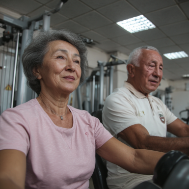 Группа пожилых людей занимается йогой